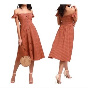 LULUS Shady Spot Rusty Rose Striped Off The Shoulder Linen Blend Midi Dress S